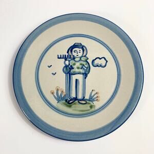 MA Hadley Pottery Farmer Rake Country Dinner Plate 11" Cottagecore Vtg Folk Art